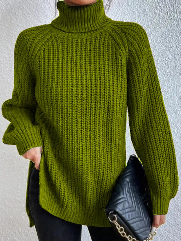 Avencea Turtleneck Sweater with Raglan Sleeves and Split Hem
