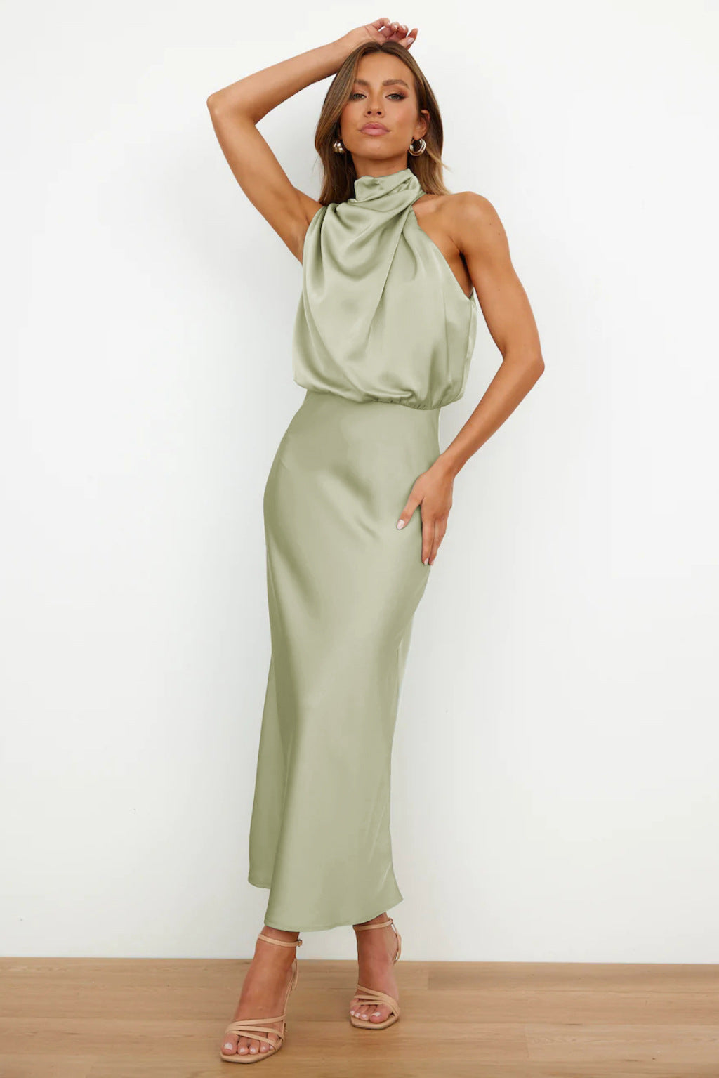 Elegant Long Satin Dress with Halter Neck