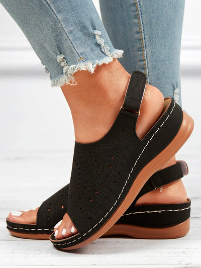 Avencea | Retro Sandal with Ethnic Pattern, Cutout and Hollow Design, Velcro Closure