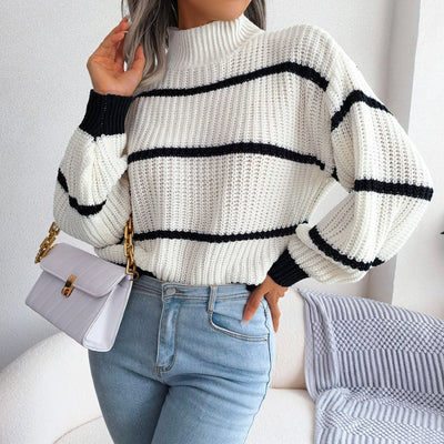 Women’s Pullover Sweatshirt – Relaxed Fit – Wool Knit – Turtleneck – Striped Ribbed Hem