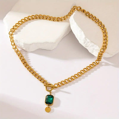 Chunky Chain Emerald Pendant Necklace | Gold 18k