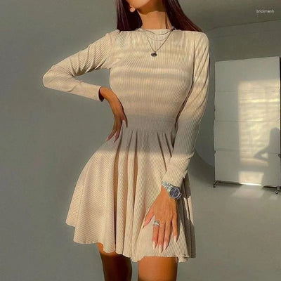 Avencea Pleated Skater Dress with Long Sleeves in Classic Black