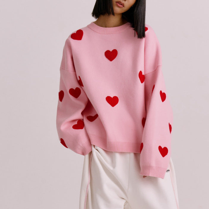 Women’s Sweatshirt – Oversized Fit – Knit Cotton Blend – Heart Pattern – Long Sleeve Casual