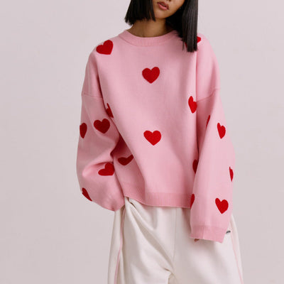 Women’s Sweatshirt – Oversized Fit – Knit Cotton Blend – Heart Pattern – Long Sleeve Casual