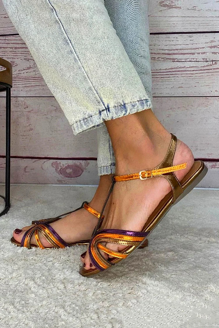 Nerina | Multi-Strap Flat Sandals with Metallic Details