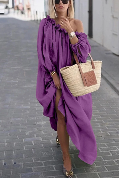 Avencea - Casual Solid Color Loose Dress with One Shoulder Design