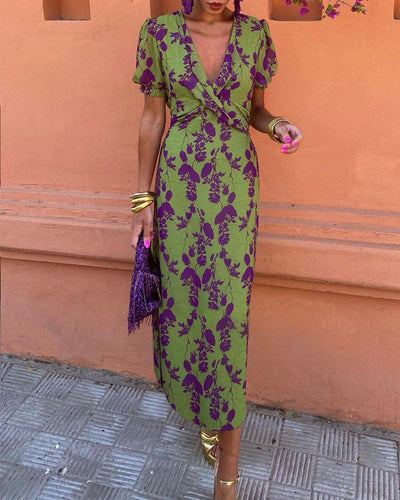 Isla - Elegant Deep V-Neck Leaf Print Dress