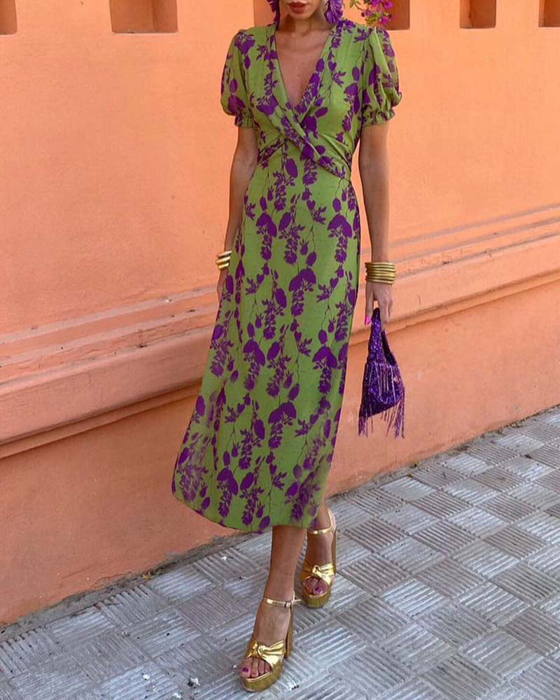 Isla - Elegant Deep V-Neck Leaf Print Dress