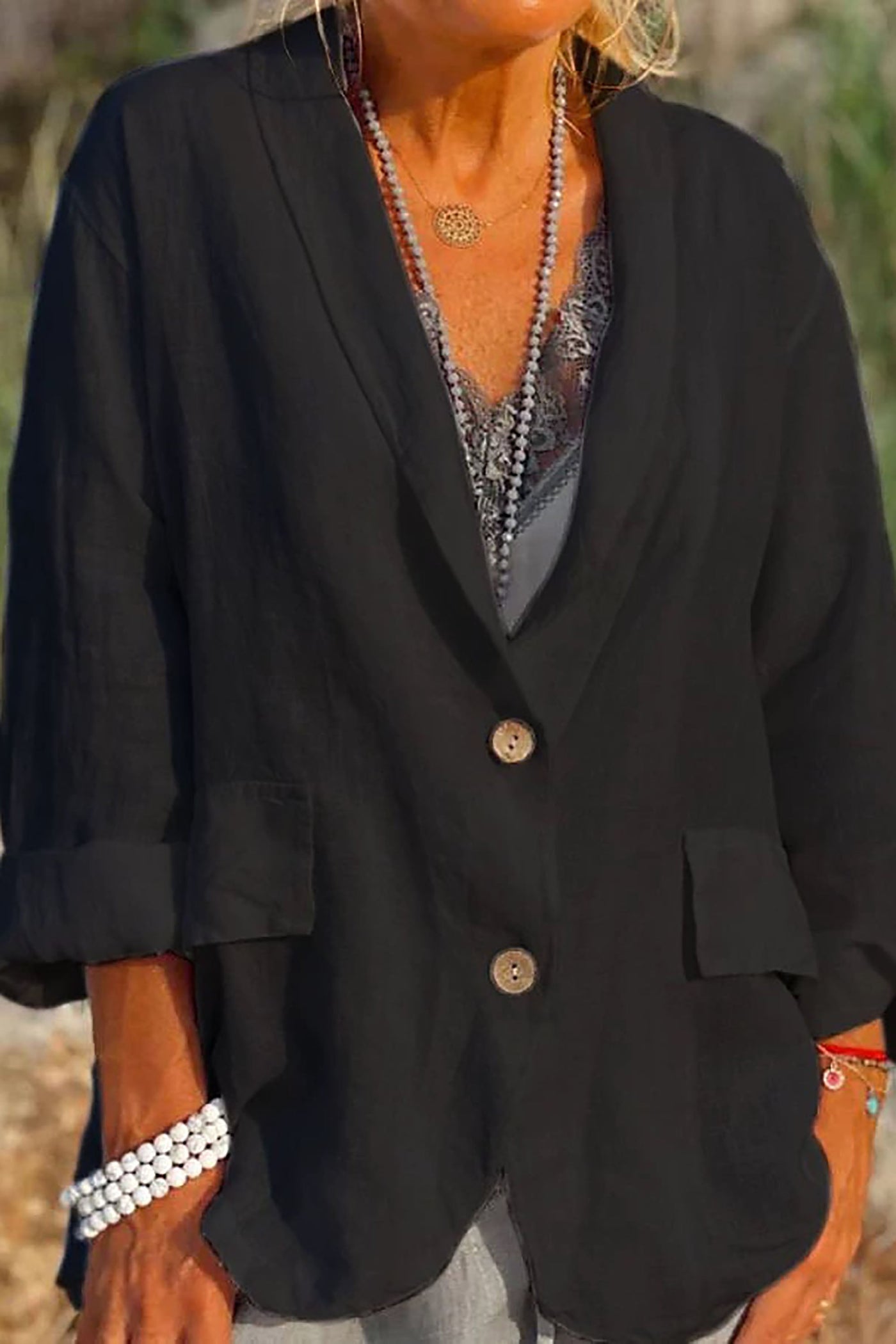 Women’s Linen Jacket – Relaxed Fit – V-Neck – 3/4 Sleeve – Button Front – Hip Length