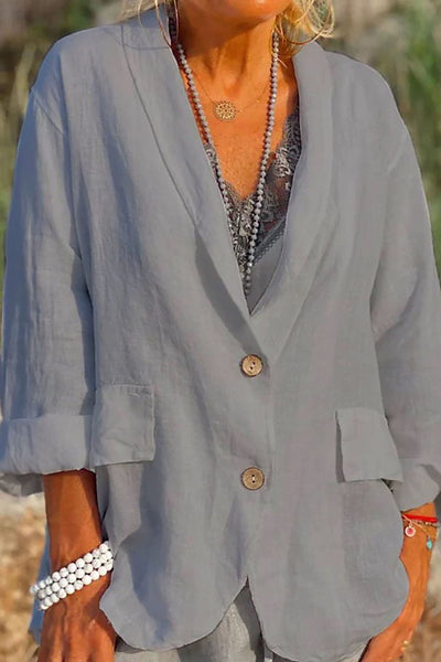 Women’s Linen Jacket – Relaxed Fit – V-Neck – 3/4 Sleeve – Button Front – Hip Length