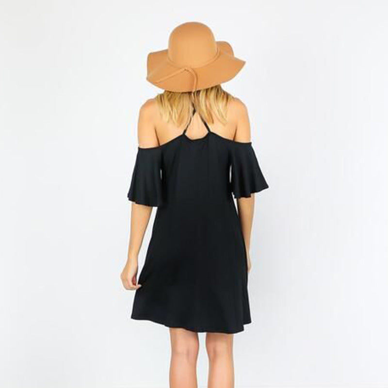 Women's Cold Shoulder Halter Dress - Flared Sleeves - Casual Fit