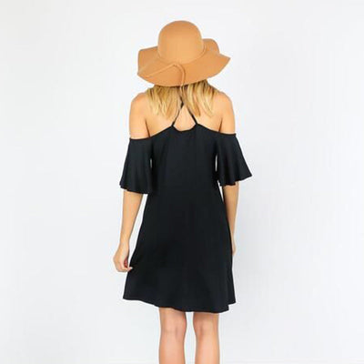 Women's Cold Shoulder Halter Dress - Flared Sleeves - Casual Fit