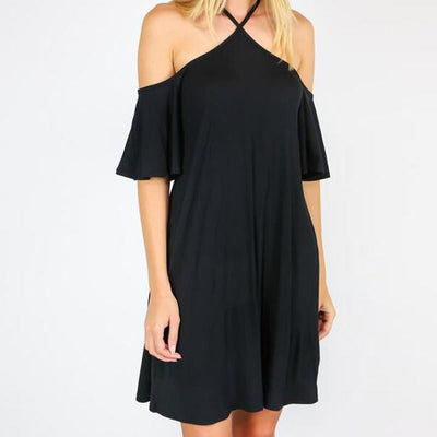 Women's Cold Shoulder Halter Dress - Flared Sleeves - Casual Fit