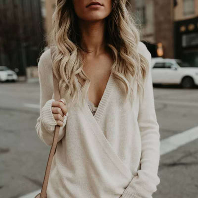 Women’s Wrap Sweater – Knitted Fabric – Deep V-Neck – Relaxed Fit – Long Sleeve
