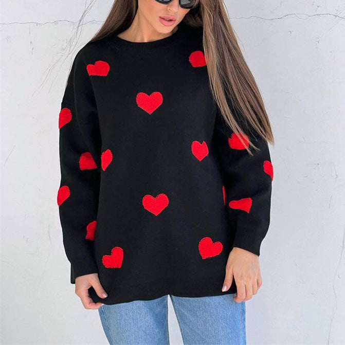 Women’s Sweatshirt – Oversized Fit – Knit Cotton Blend – Heart Pattern – Long Sleeve Casual