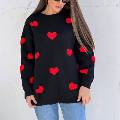 Women’s Sweatshirt – Oversized Fit – Knit Cotton Blend – Heart Pattern – Long Sleeve Casual