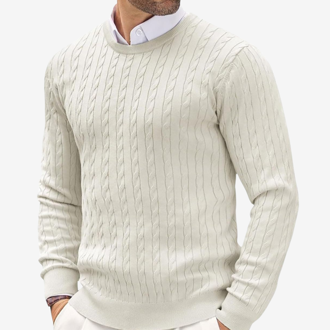 Men’s Sweater – Cashmere – Tailored Fit – Cable Knit – Crew Neck Long Sleeve