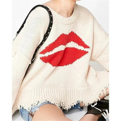 Women’s Sweater – Oversized Fit – Chunky Knit Wool – Lip Motif – Fringed Hem