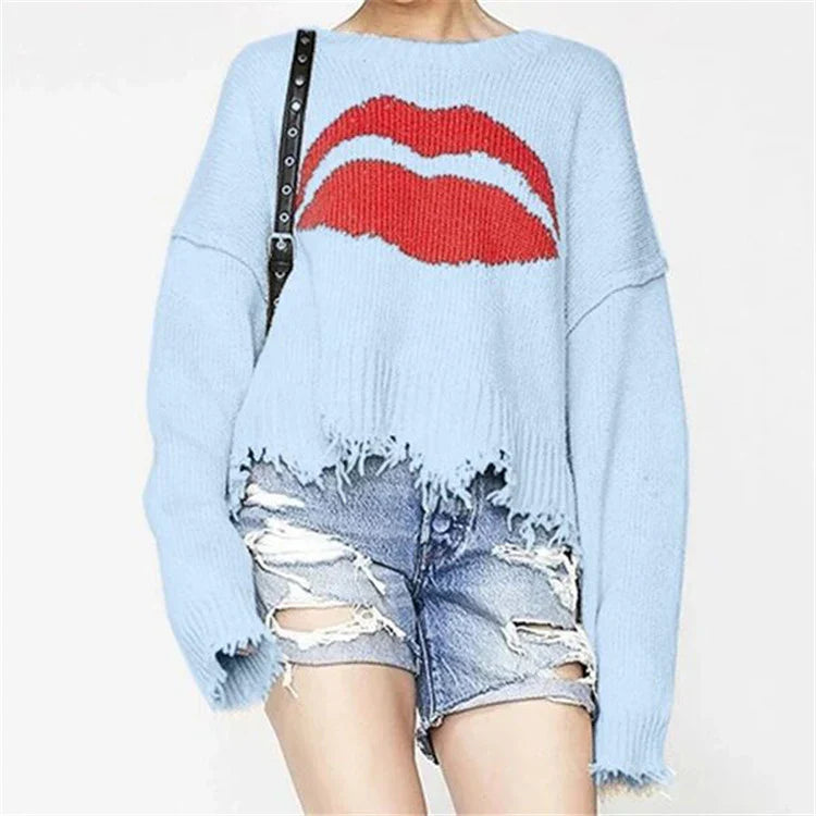 Women’s Sweater – Oversized Fit – Chunky Knit Wool – Lip Motif – Fringed Hem