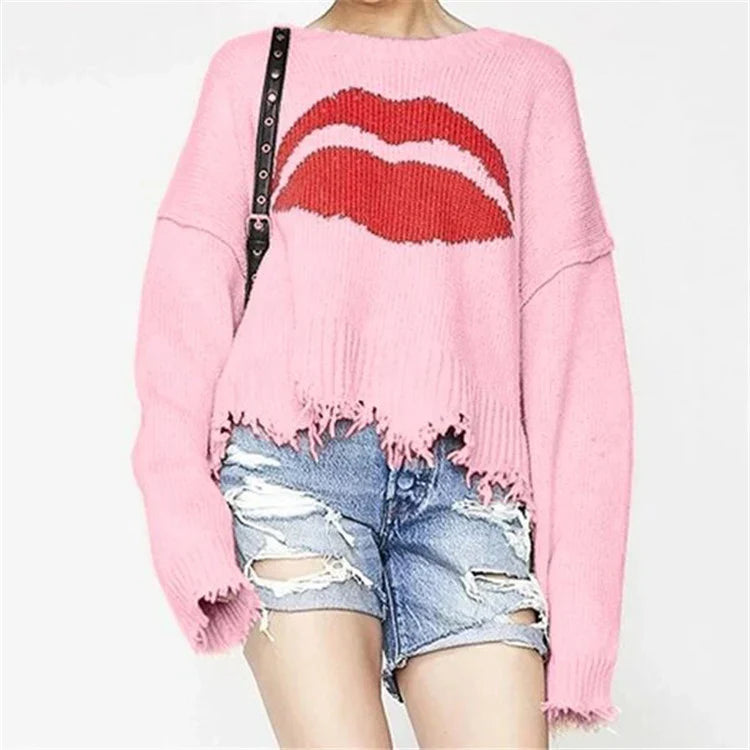 Women’s Sweater – Oversized Fit – Chunky Knit Wool – Lip Motif – Fringed Hem