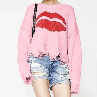 Women’s Sweater – Oversized Fit – Chunky Knit Wool – Lip Motif – Fringed Hem
