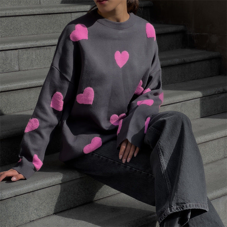 Women’s Sweatshirt – Oversized Fit – Knit Cotton Blend – Heart Pattern – Long Sleeve Casual