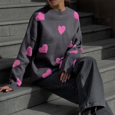 Women’s Sweatshirt – Oversized Fit – Knit Cotton Blend – Heart Pattern – Long Sleeve Casual