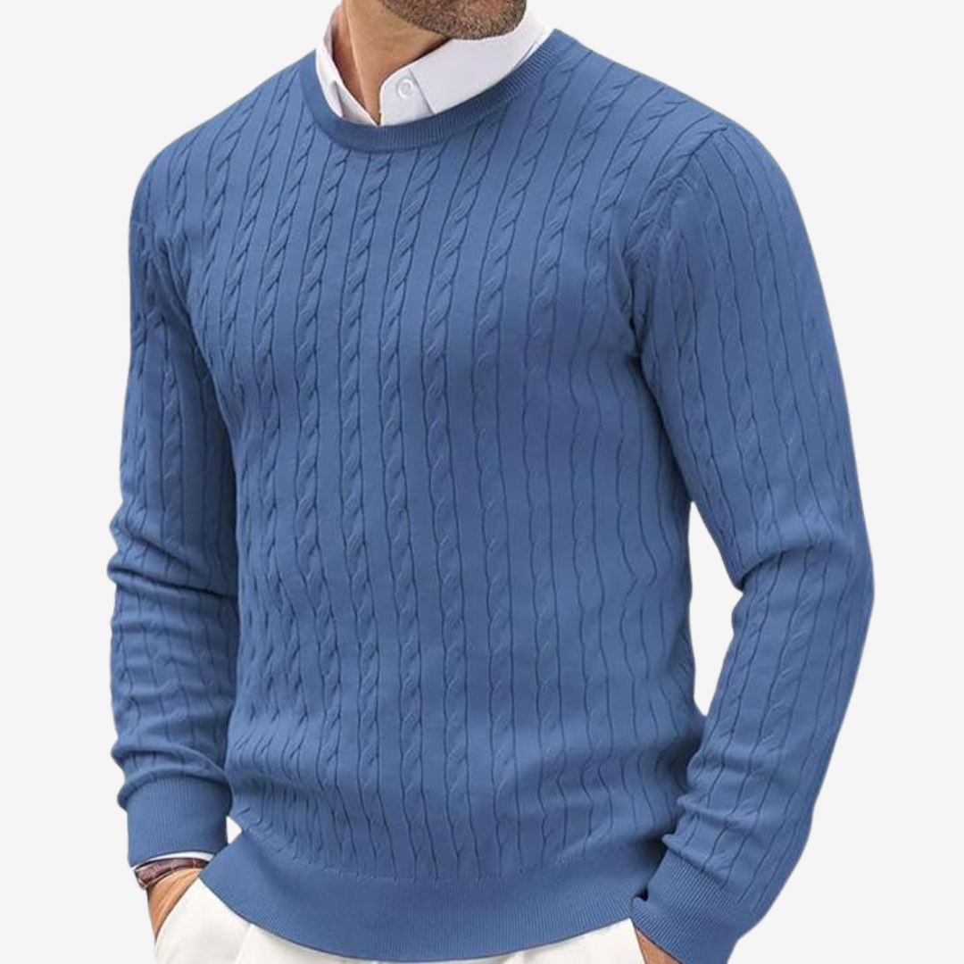 Men’s Sweater – Cashmere – Tailored Fit – Cable Knit – Crew Neck Long Sleeve