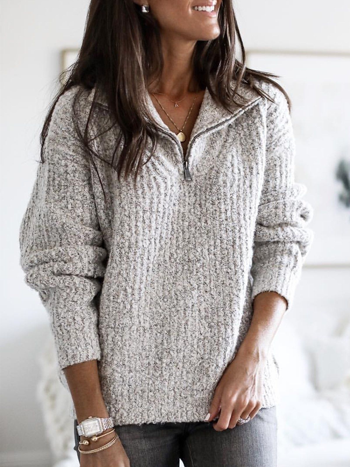 Women’s Knit Sweater Jacket – Ribbed Texture – Half Zip – High Collar – Relaxed Fit