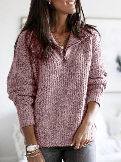 Women’s Knit Sweater Jacket – Ribbed Texture – Half Zip – High Collar – Relaxed Fit