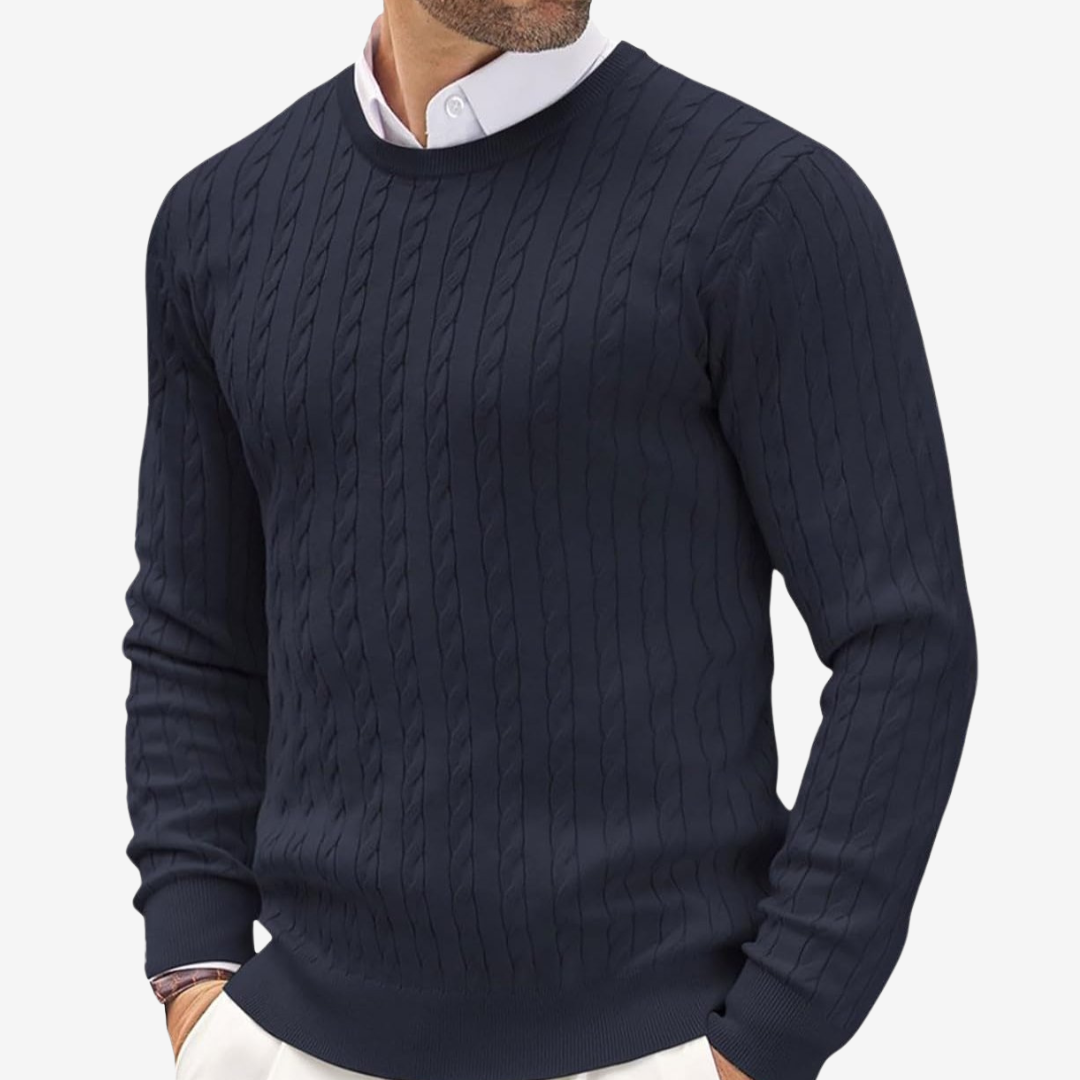 Men’s Sweater – Cashmere – Tailored Fit – Cable Knit – Crew Neck Long Sleeve