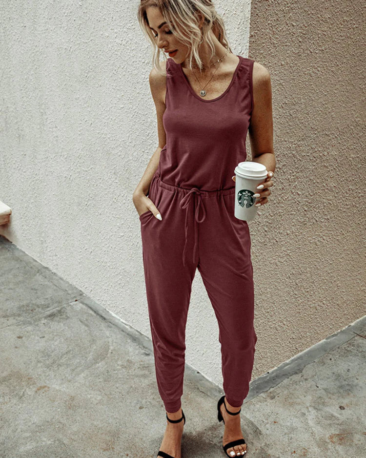 Women’s Jumpsuit – Relaxed Fit – Scoop Neck – Sleeveless – Drawstring Waist – Cotton