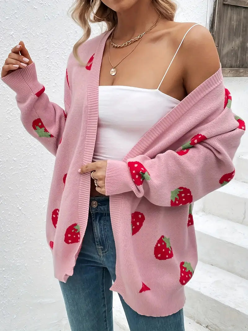 Women’s Cardigan – Oversized Fit – Soft Knit – Ribbed Trim – Playful Pattern