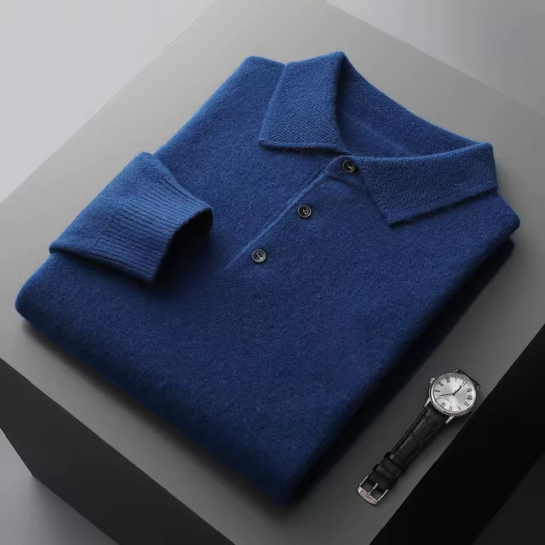 Men’s Polo Sweater – Merino Wool – Standard Fit – Ribbed Trim – Button Placket