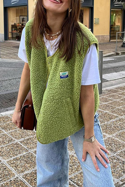 Avencea | Casual Street Bag Buttons, Fluffy Vests with O-Neck
