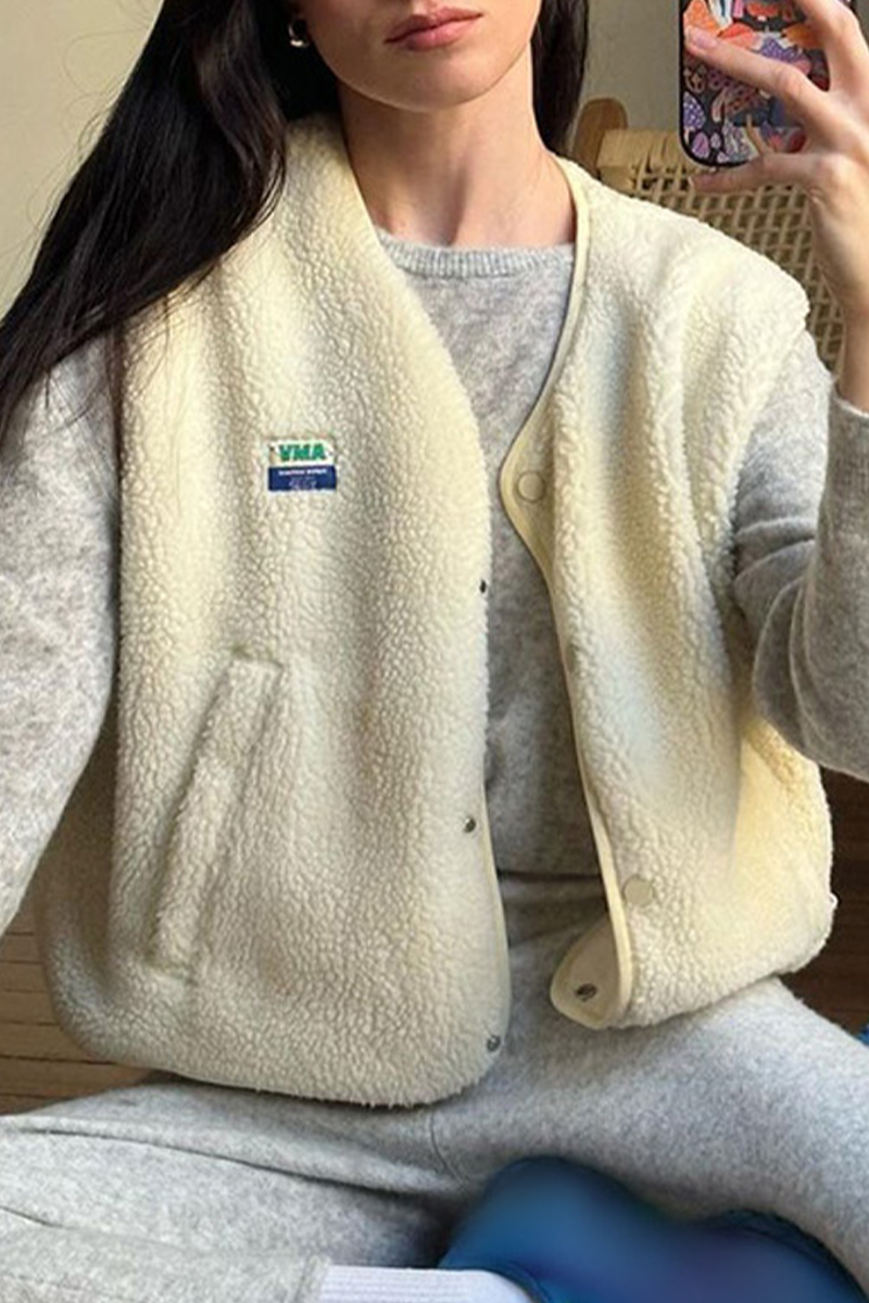 Avencea | Casual Street Bag Buttons, Fluffy Vests with O-Neck