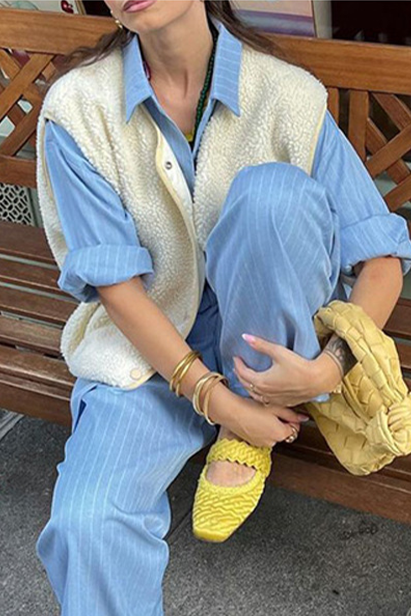 Avencea | Casual Street Bag Buttons, Fluffy Vests with O-Neck