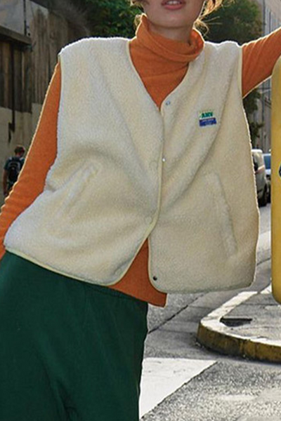 Avencea | Casual Street Bag Buttons, Fluffy Vests with O-Neck