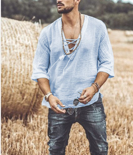 Men’s Casual Shirt – Relaxed Fit – Lace-Up V-Neck – 3/4 Sleeve – Linen Blend