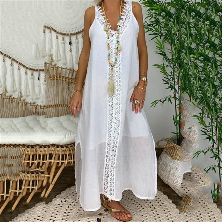 Women’s Maxi Dress – Relaxed Fit – Cotton – Lace Detail – V-Neck – Side Slits