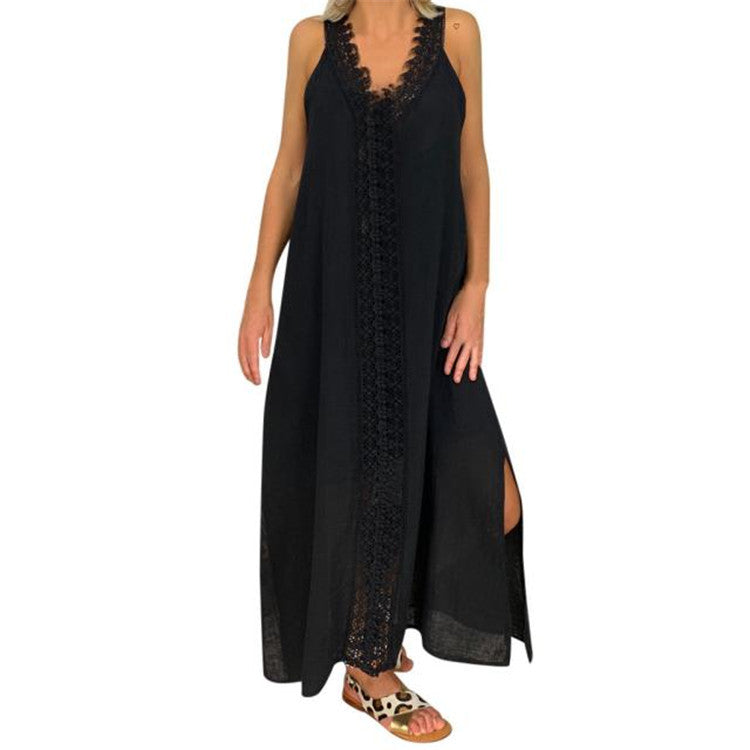 Women’s Maxi Dress – Relaxed Fit – Cotton – Lace Detail – V-Neck – Side Slits