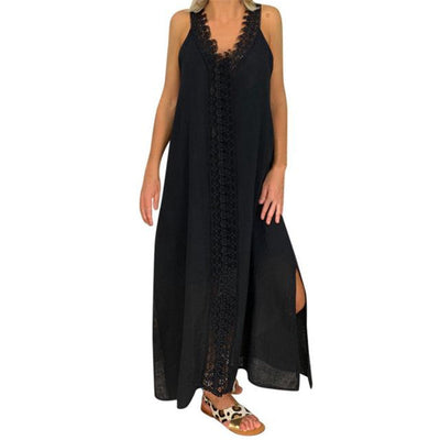 Women’s Maxi Dress – Relaxed Fit – Cotton – Lace Detail – V-Neck – Side Slits