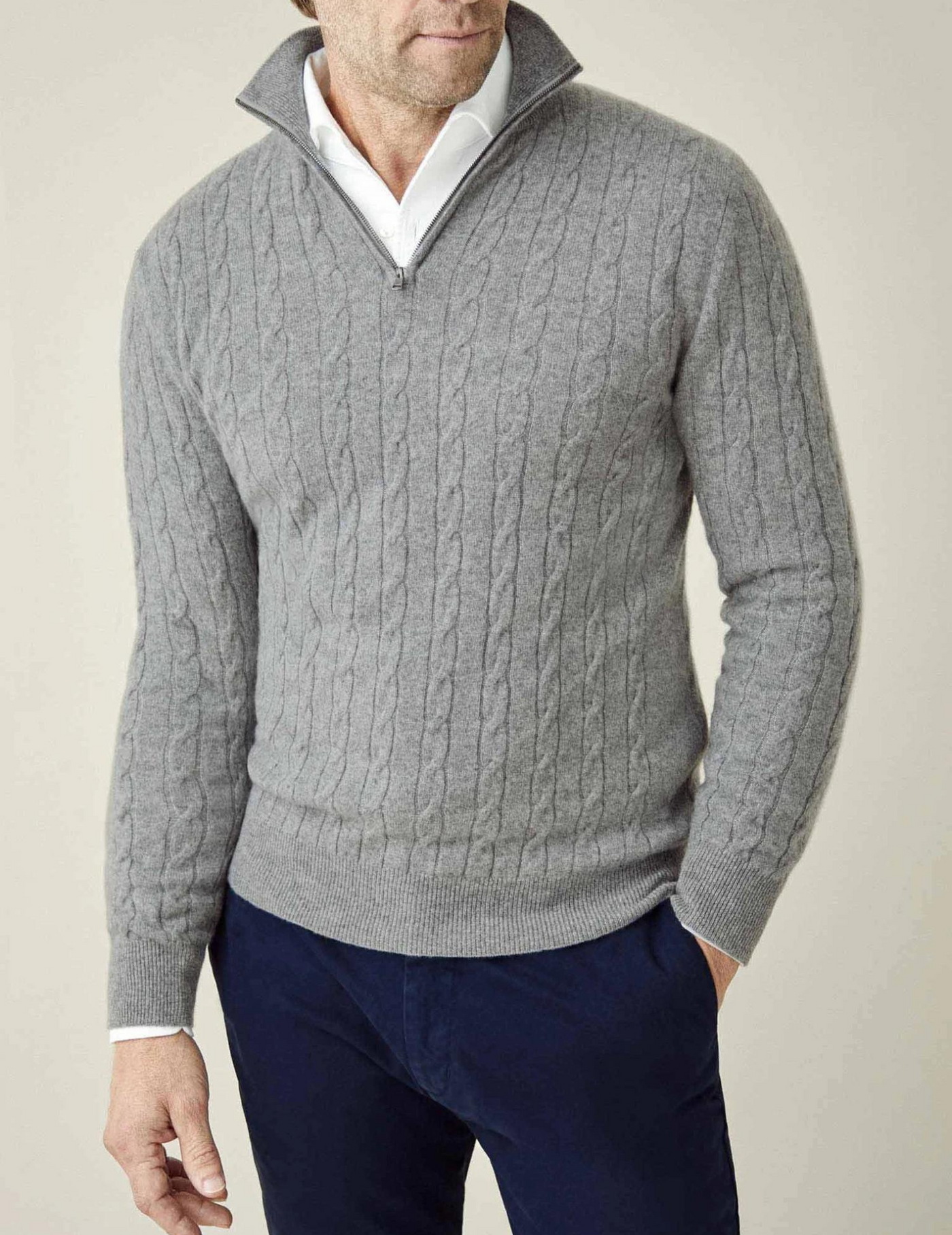 Men’s Sweater – Wool Blend – Cable Knit – Half Zip – Stand Collar – Regular Fit