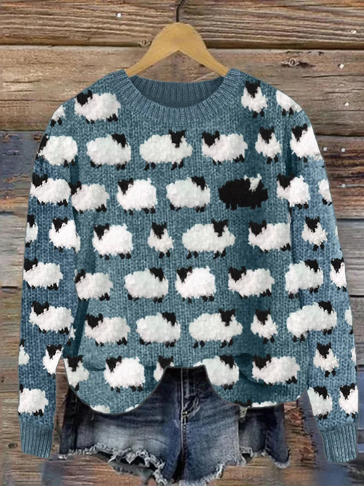 Women’s Pullover Sweatshirt – Relaxed Fit – Wool Knit – Crew Neck – Sheep Print – Ribbed Trim