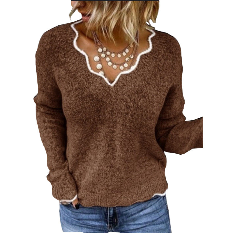 Women’s Sweatshirt – Relaxed Fit – Wool Knit – Scalloped Neckline – Soft Pullover