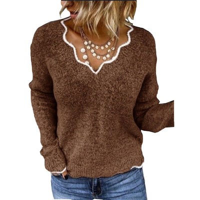 Women’s Sweatshirt – Relaxed Fit – Wool Knit – Scalloped Neckline – Soft Pullover