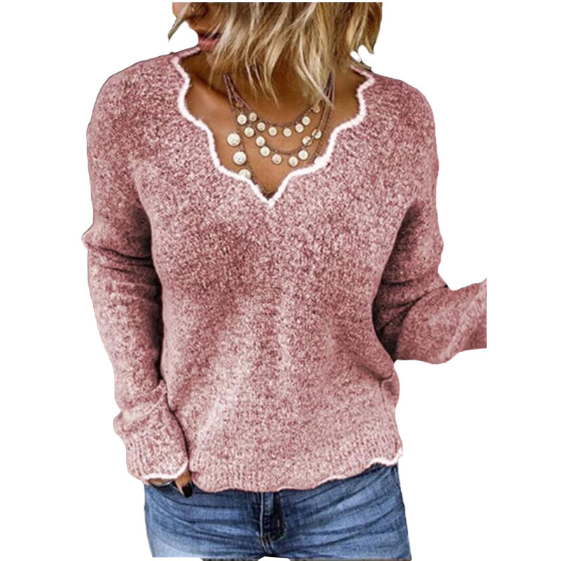 Women’s Sweatshirt – Relaxed Fit – Wool Knit – Scalloped Neckline – Soft Pullover