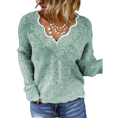 Women’s Sweatshirt – Relaxed Fit – Wool Knit – Scalloped Neckline – Soft Pullover