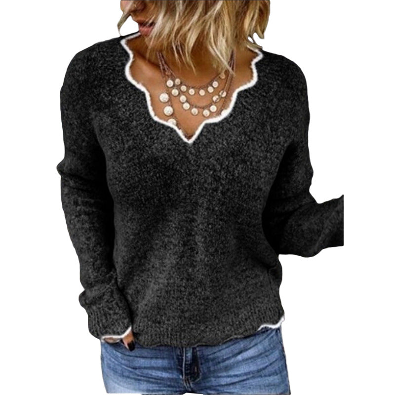 Women’s Sweatshirt – Relaxed Fit – Wool Knit – Scalloped Neckline – Soft Pullover