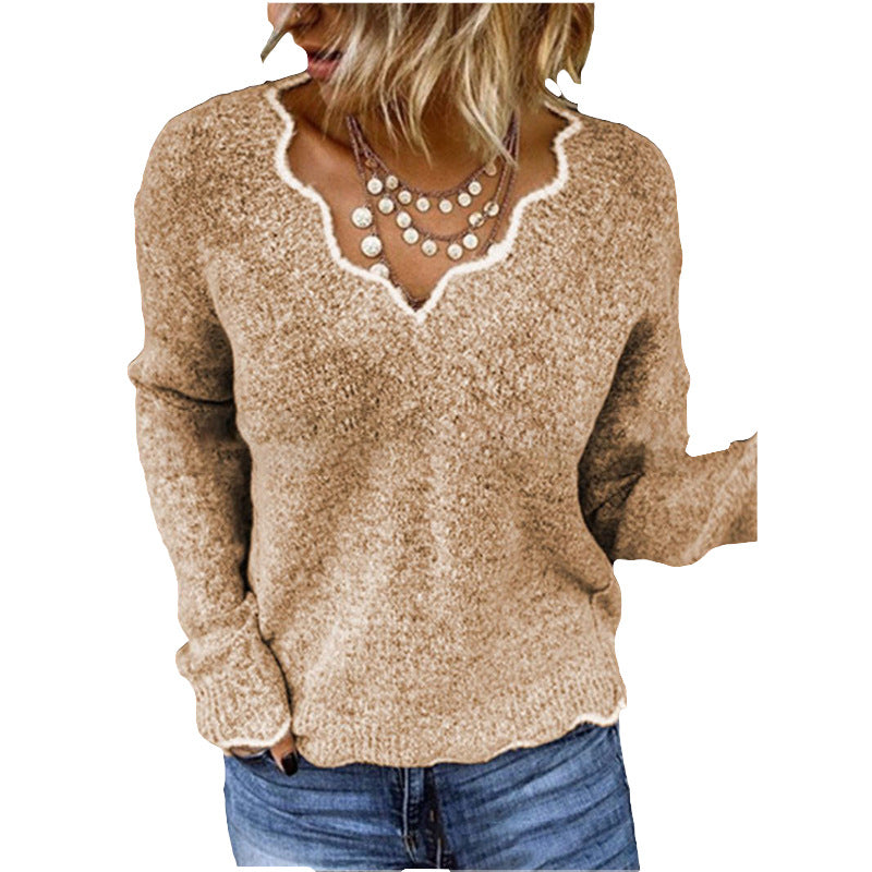 Women’s Sweatshirt – Relaxed Fit – Wool Knit – Scalloped Neckline – Soft Pullover